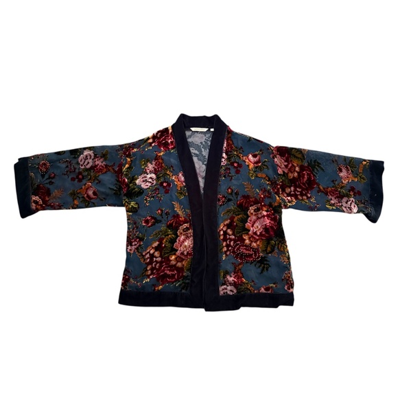Soft Surroundings Velvet Burnout Kimono Jacket Topper Beaded Large L XL Blue - Picture 6 of 9